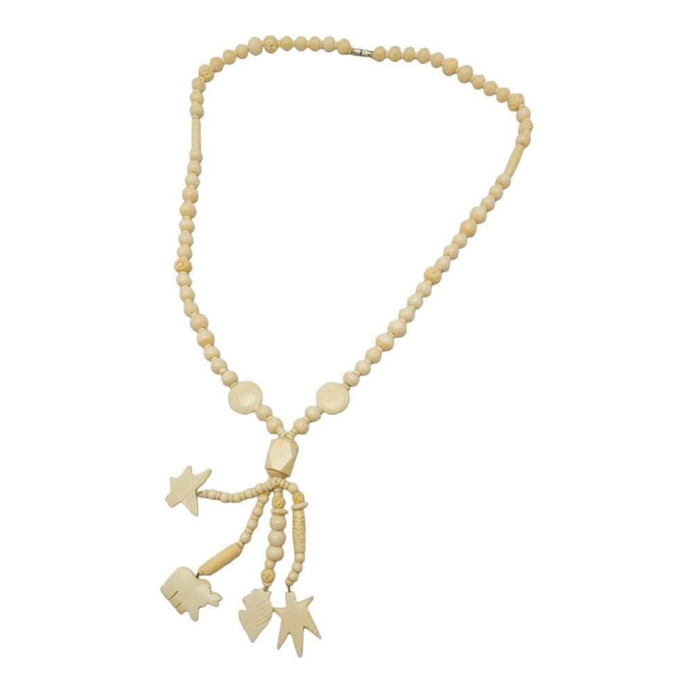 Bovine Bone Bead Beaded Elephant Bird Carved Statement Silver Tone Necklace